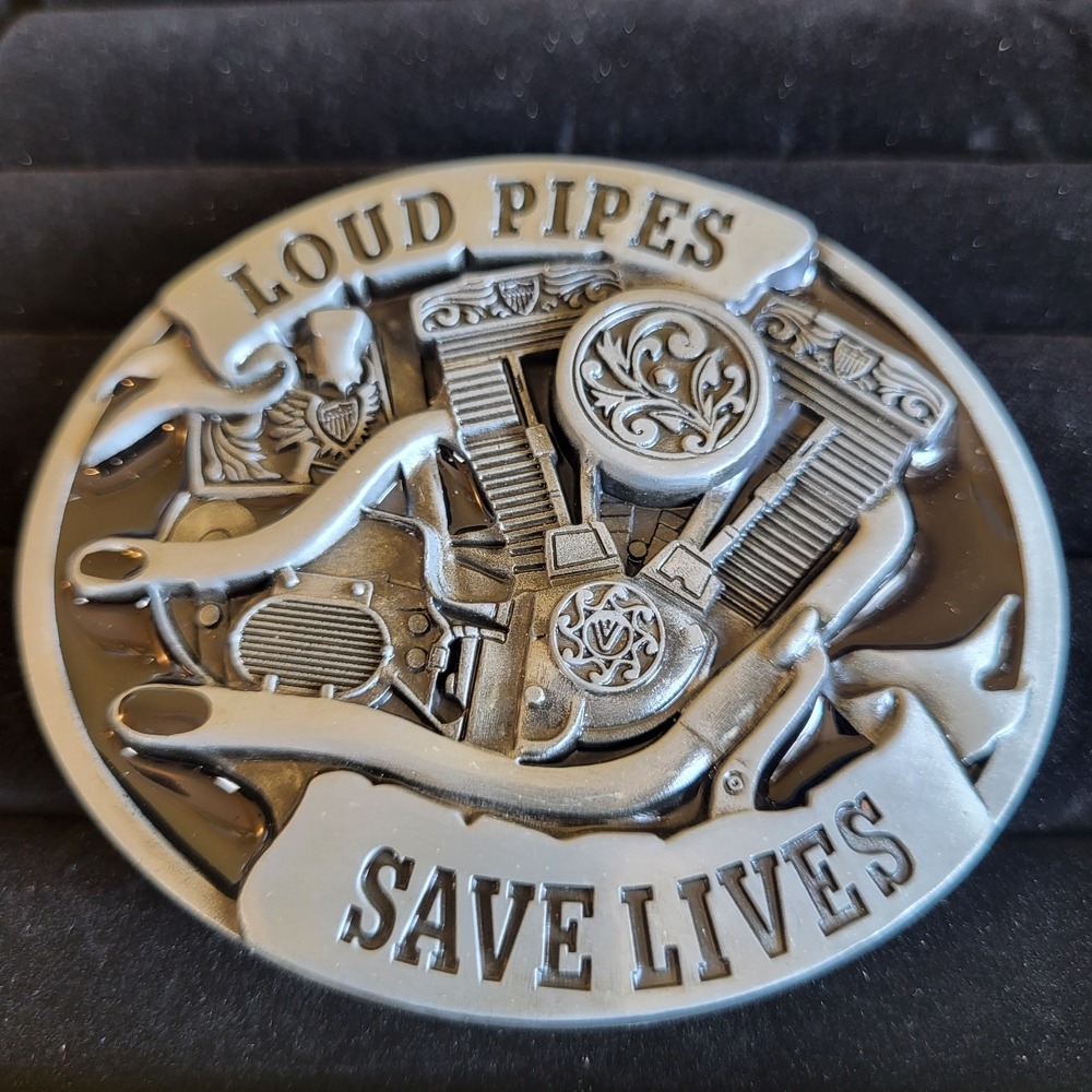 Loud Pipes Save Lives Belt Buckle Metal & Black Enamel Biker Motorcycle Engine
